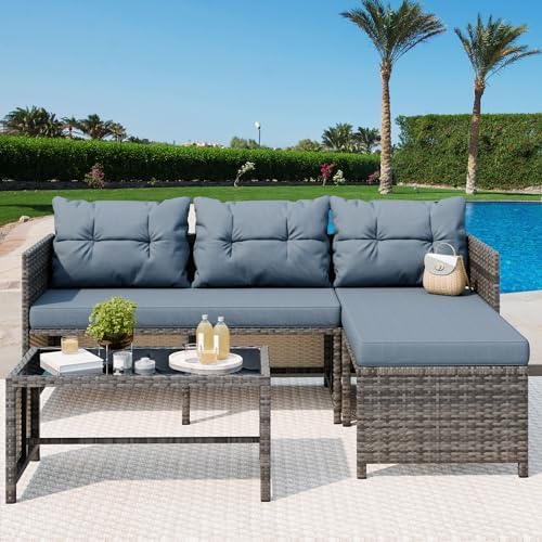 3-Piece Wicker Outdoor Patio Furniture Set | Blue All-Weather Resistant for Patio, Garden & Porch