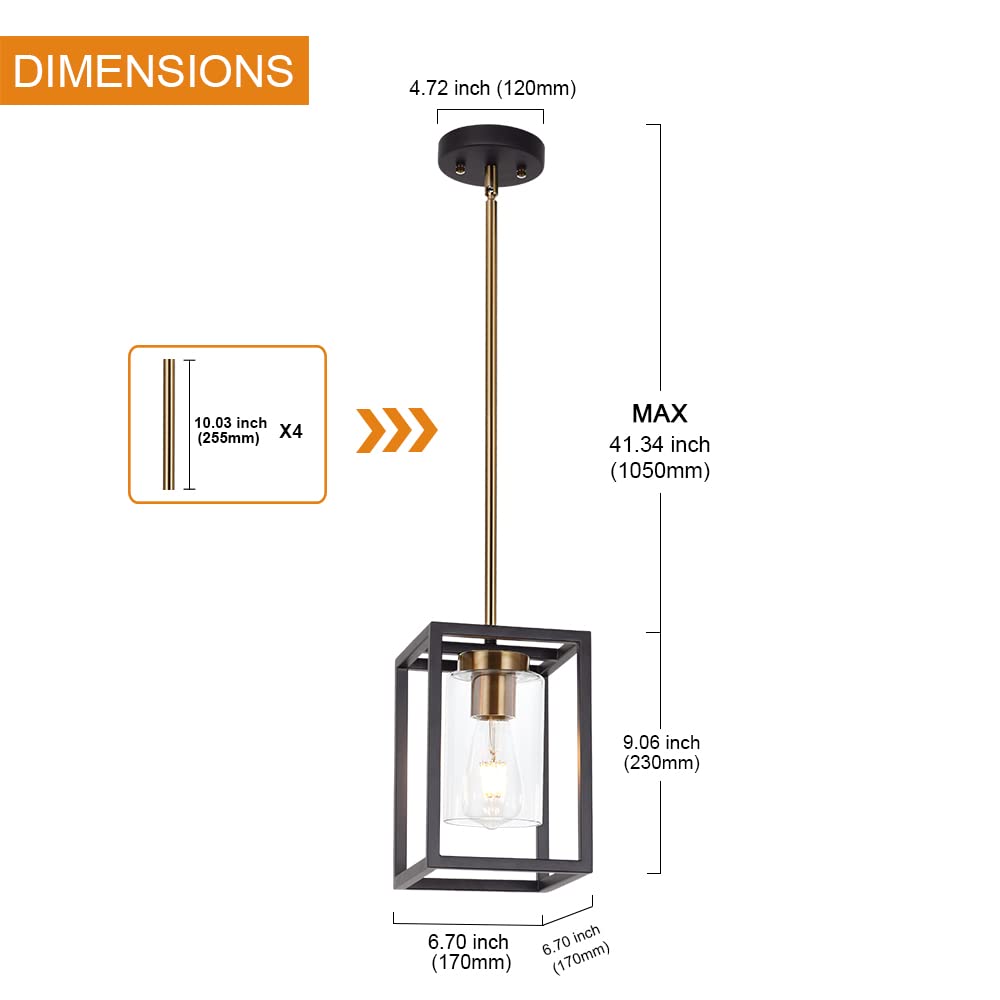 1-Light Mini Lantern Pendant Light, Black and Brushed Brass Finish Farmhouse Chandelier with Clear Glass Shade Foyer
