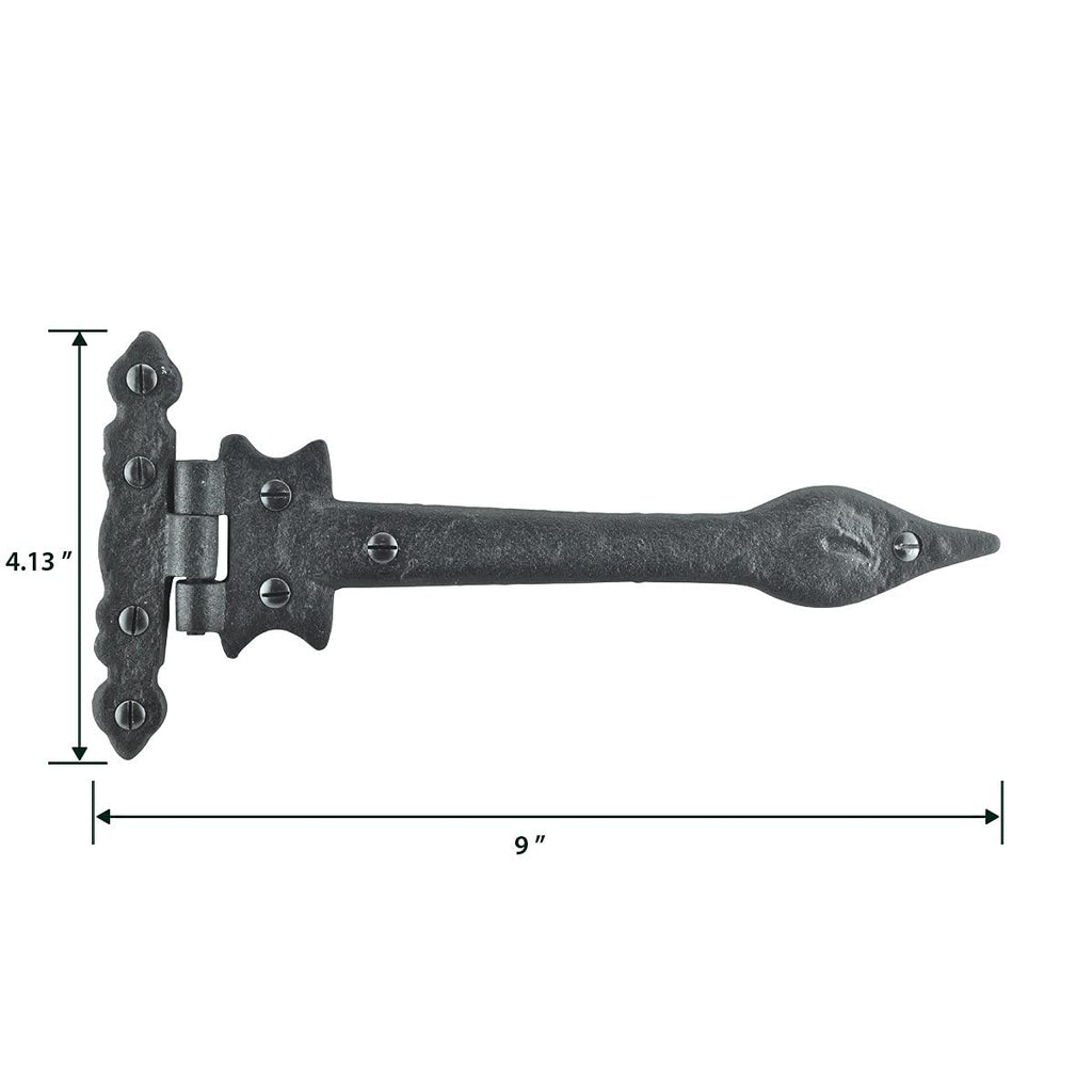 Strap Hinge 9" Black Wrought Iron Spear Tip Flush Mount Heavy Duty Strap Gate and Door Hinges with Hardware Pack of 6