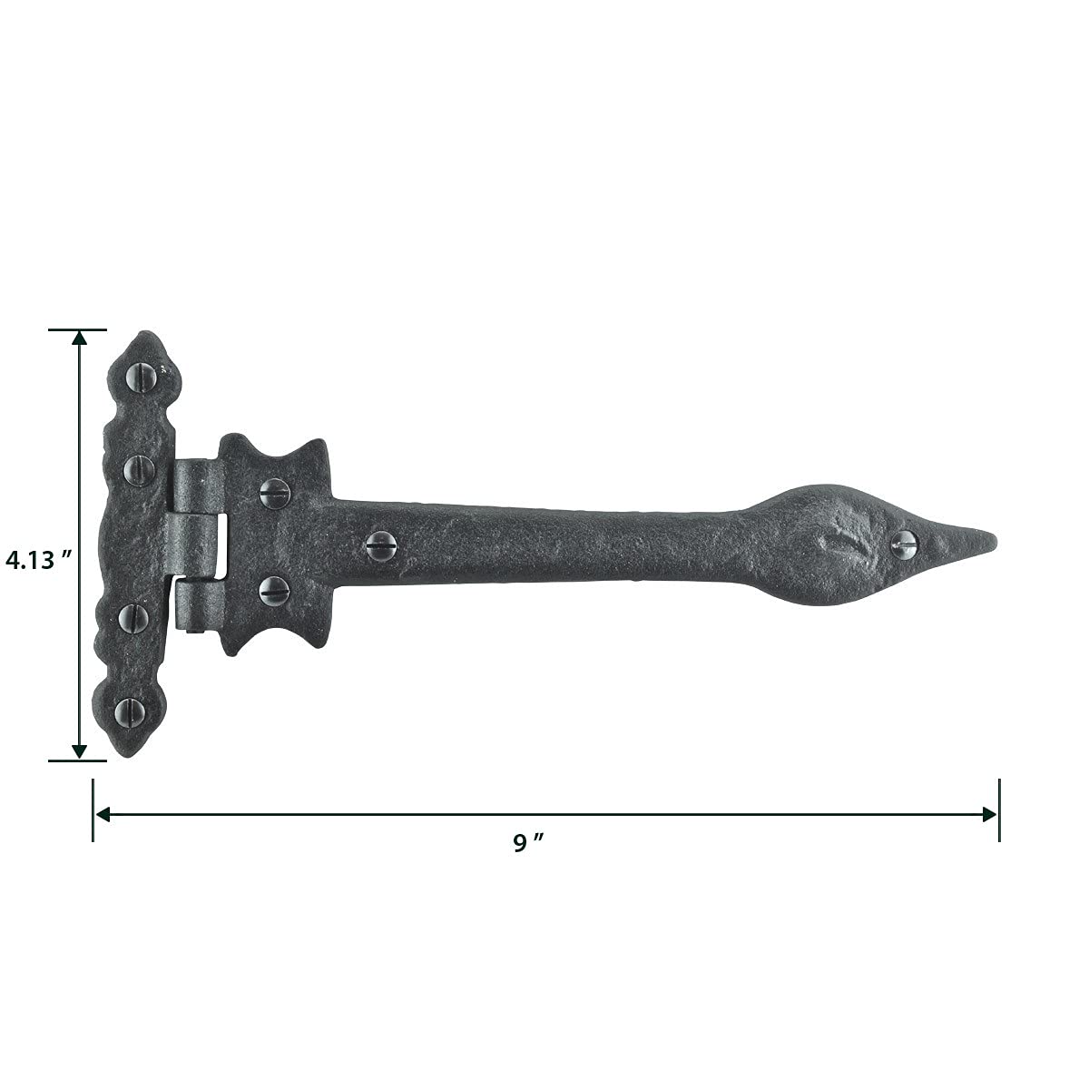 Strap Hinge 9" Black Wrought Iron Spear Tip Flush Mount Heavy Duty Strap Gate and Door Hinges with Hardware Pack of 6