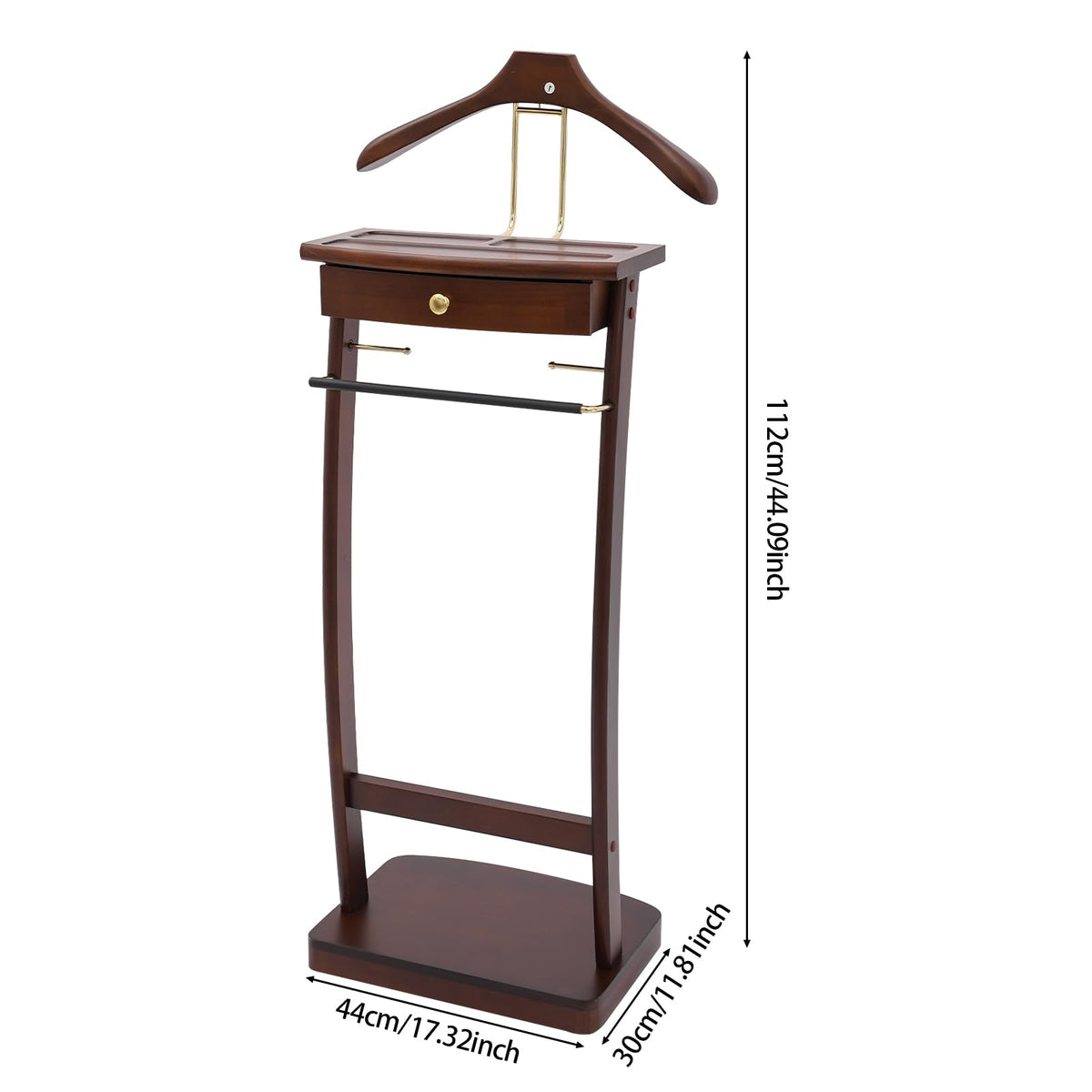Freestanding Wood Mens Valet Stand with Drawer, Clothes Butler with Base, Suit Hanger Rack Living Room Bedroom