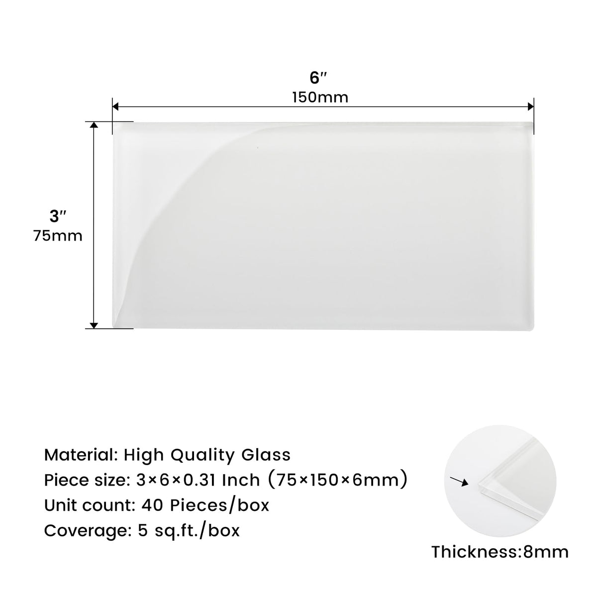 Glass Subway Tile 3 x 6 Inch White Backsplash Bathroom Wall Pack of 32 Sheets