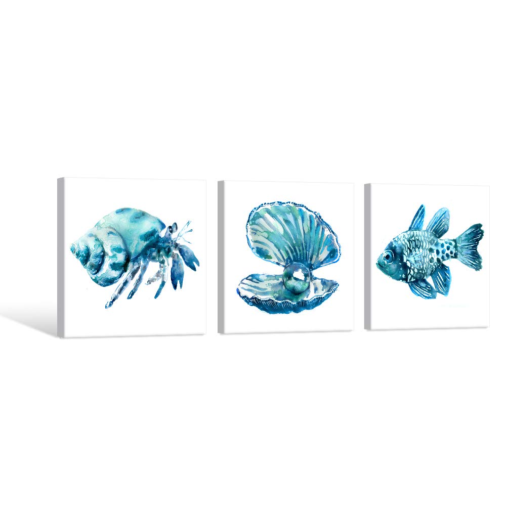 Ocean Art Prints Tropical Wall Art Wall Blue Fish Blue Shells Hermit Crabs Kitchen Decoration 12x12Inchx3 pcs
