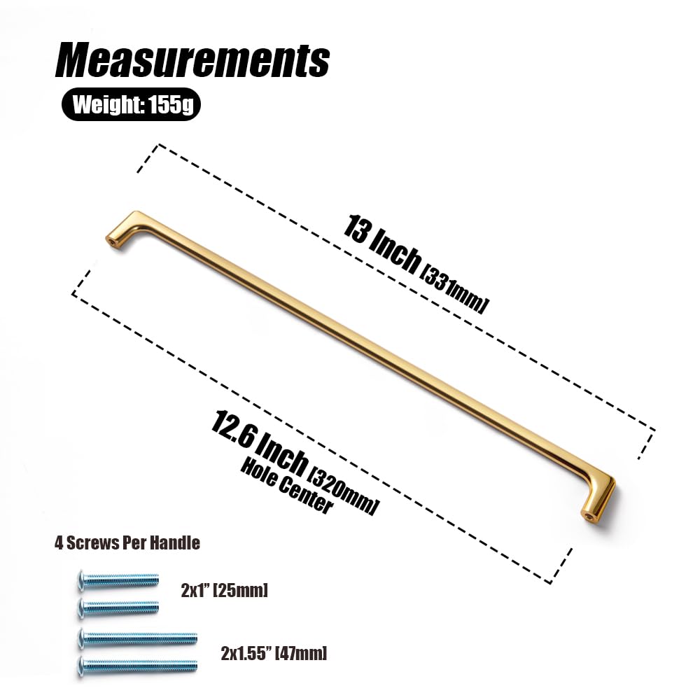 Polished Rich Gold Cabinet Pulls with 12.6'' Hole Centers, Modern Style Zinc Alloy Cabinet Handles for