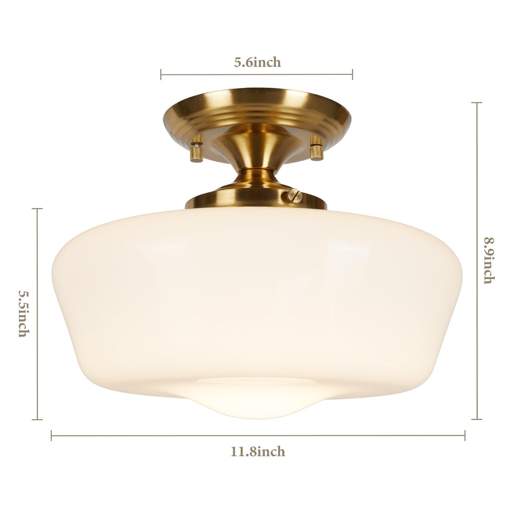 Schoolhouse Style Semi Flush Mount Ceiling Light Fixture, 12" Modern Gold Hallway Ceiling Lamp with Opal Milk Glass