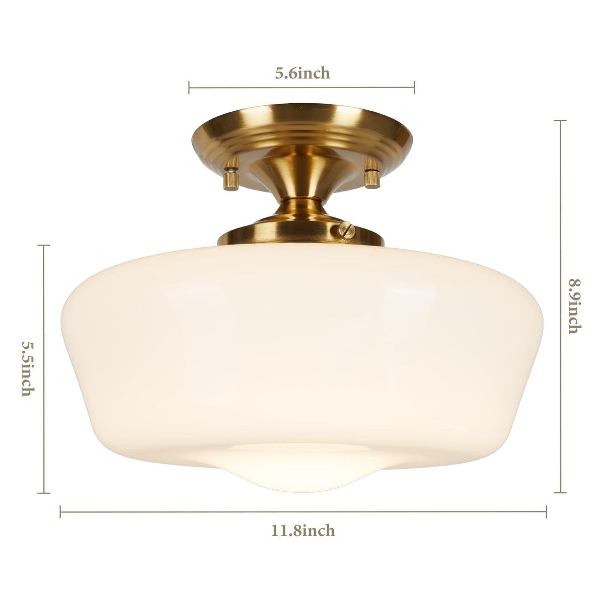 Schoolhouse Style Semi Flush Mount Ceiling Light Fixture, 12" Modern Gold Hallway Ceiling Lamp with Opal Milk Glass