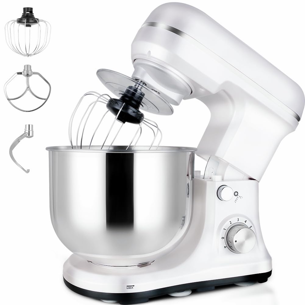 Stand Mixer 5-QT, 6+P Speed Tilt-Head Food Mixer 300W Dough Mixer with Stainless Steel Bowl,Dough Hook,Flat