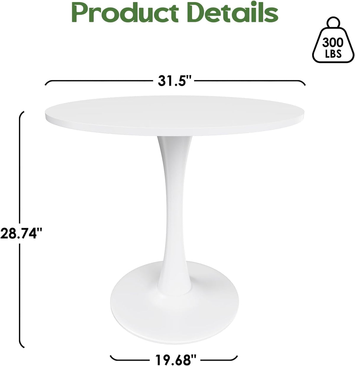 Inspired Saarinen Style Tulip Round Pedestal Dining Table — White Wood Top, 31.5″ Round