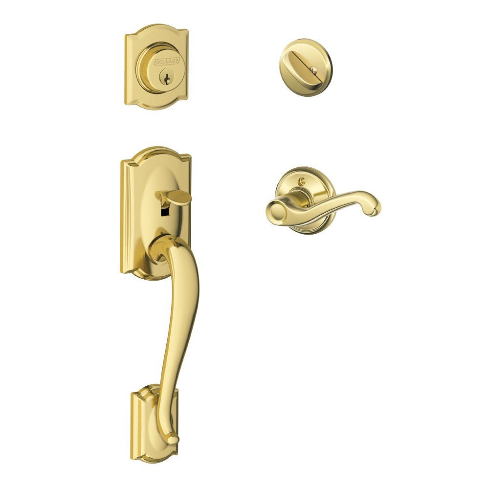 Camelot Single Cylinder Handleset and Left Hand Flair Lever, Bright Brass (F60 CAM 505 FLA 605 LH)