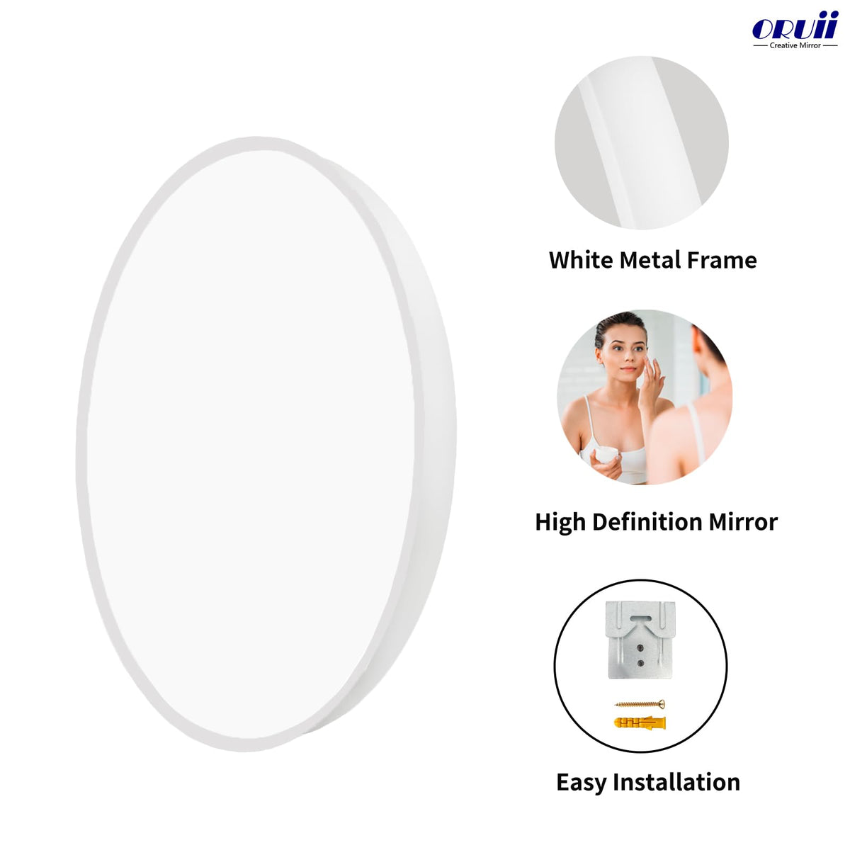 Round Mirror, 24 inch White Circle Mirror, White Metal Frame Circular