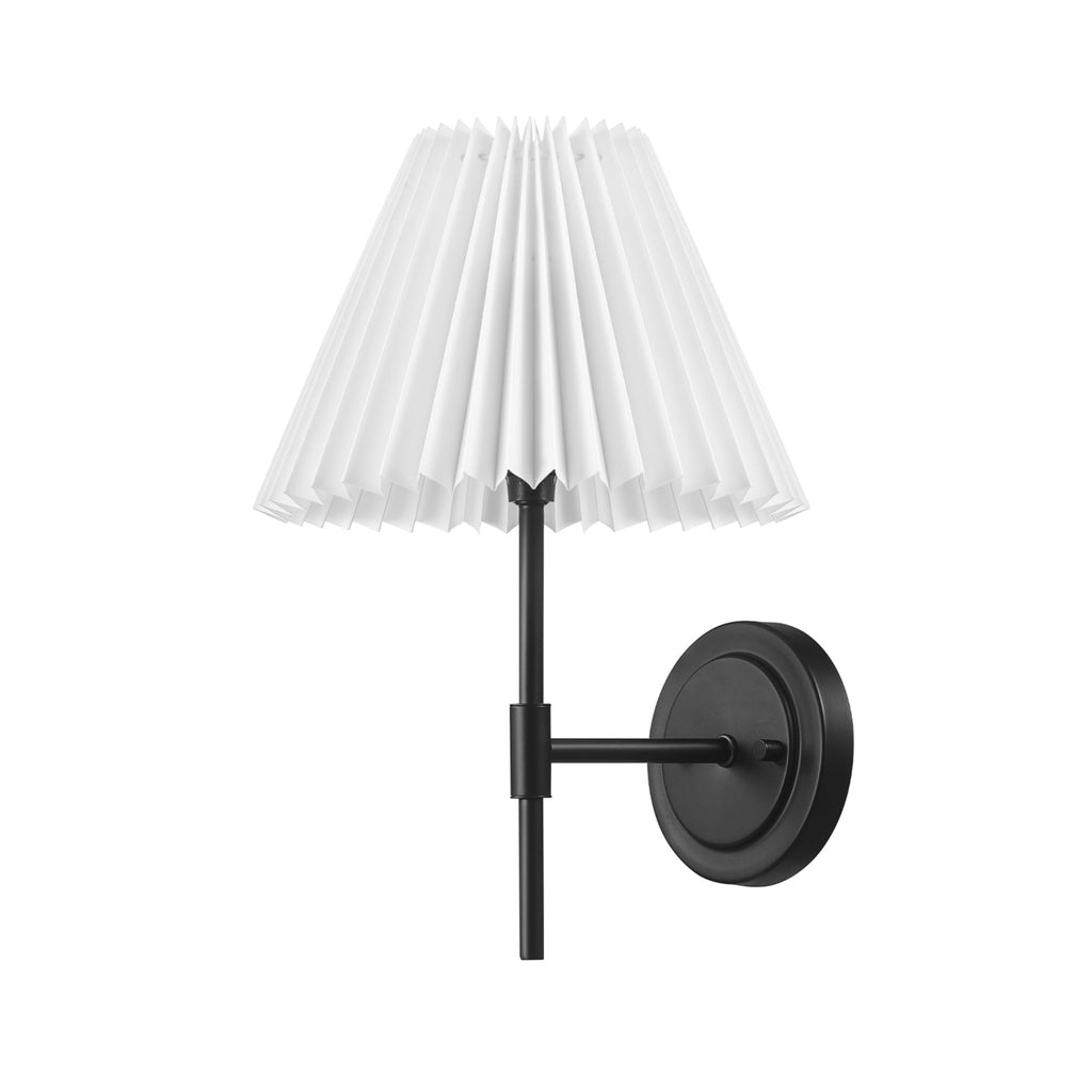 Wall Sconce, Matte Black, White Pleated Fabric Shade, E12 Base Socket, Candelabra Bulb, Living Room Lighting