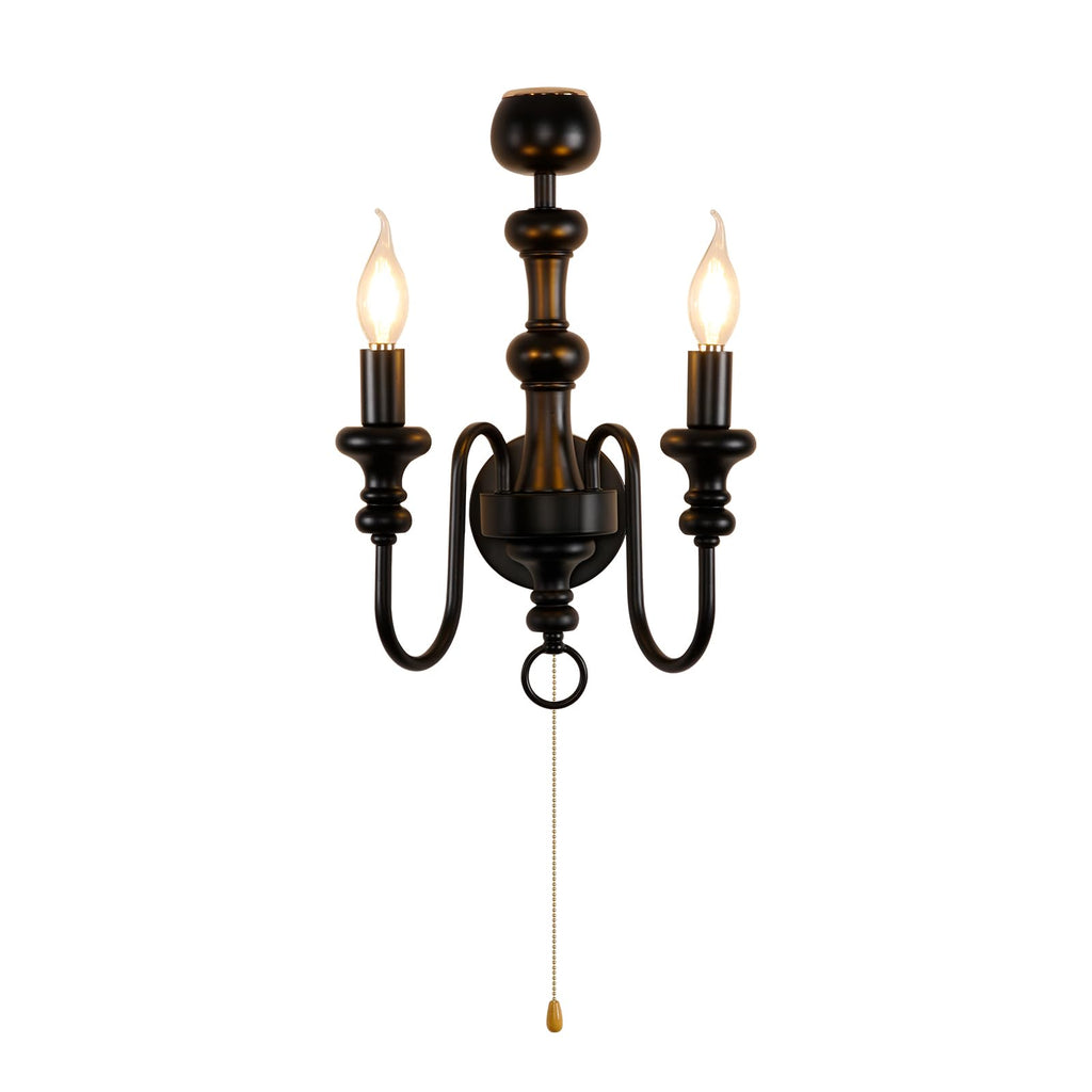 Matte Black Iron Double-Arm Wall Sconce, Retro Farmhouse Hardwired Lamp with Scented Candle Tray & Pull Switch Decor