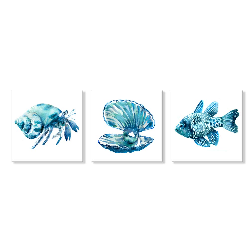Ocean Art Prints Tropical Wall Art Wall Blue Fish Blue Shells Hermit Crabs Kitchen Decoration 16x16Inchx3 pcs