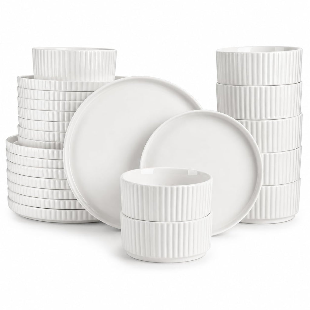 Porcelain 24 Pieces Plates and Bowls Set, Dinnerware Set for 8