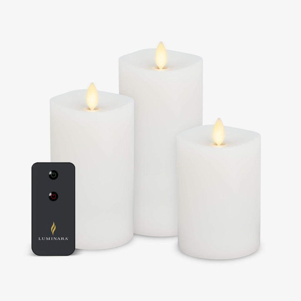Realistic Flameless LED Candle White Set of 3, Battery Operated with Remote Control, Moving Flame Pillar Timer