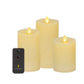 Realistic Flameless LED Set of 3 Ivory Pillar Candles, Home Safe Moving Flame Melted Top Illumination, Battery