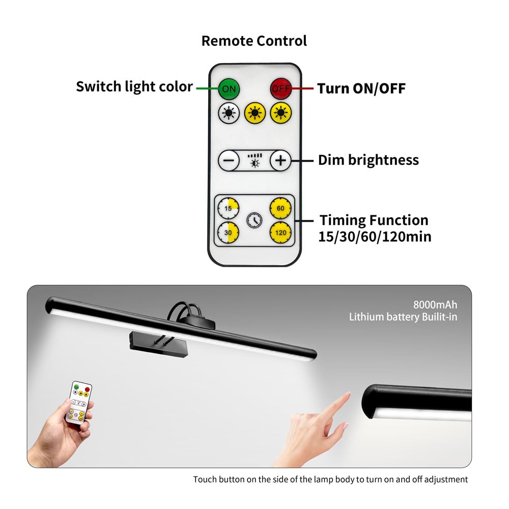 26" Wireless Picture Lights, 8000 mAh Rechargeable Battery Art Display Light with Remote Control, Dimmable/Timer Off