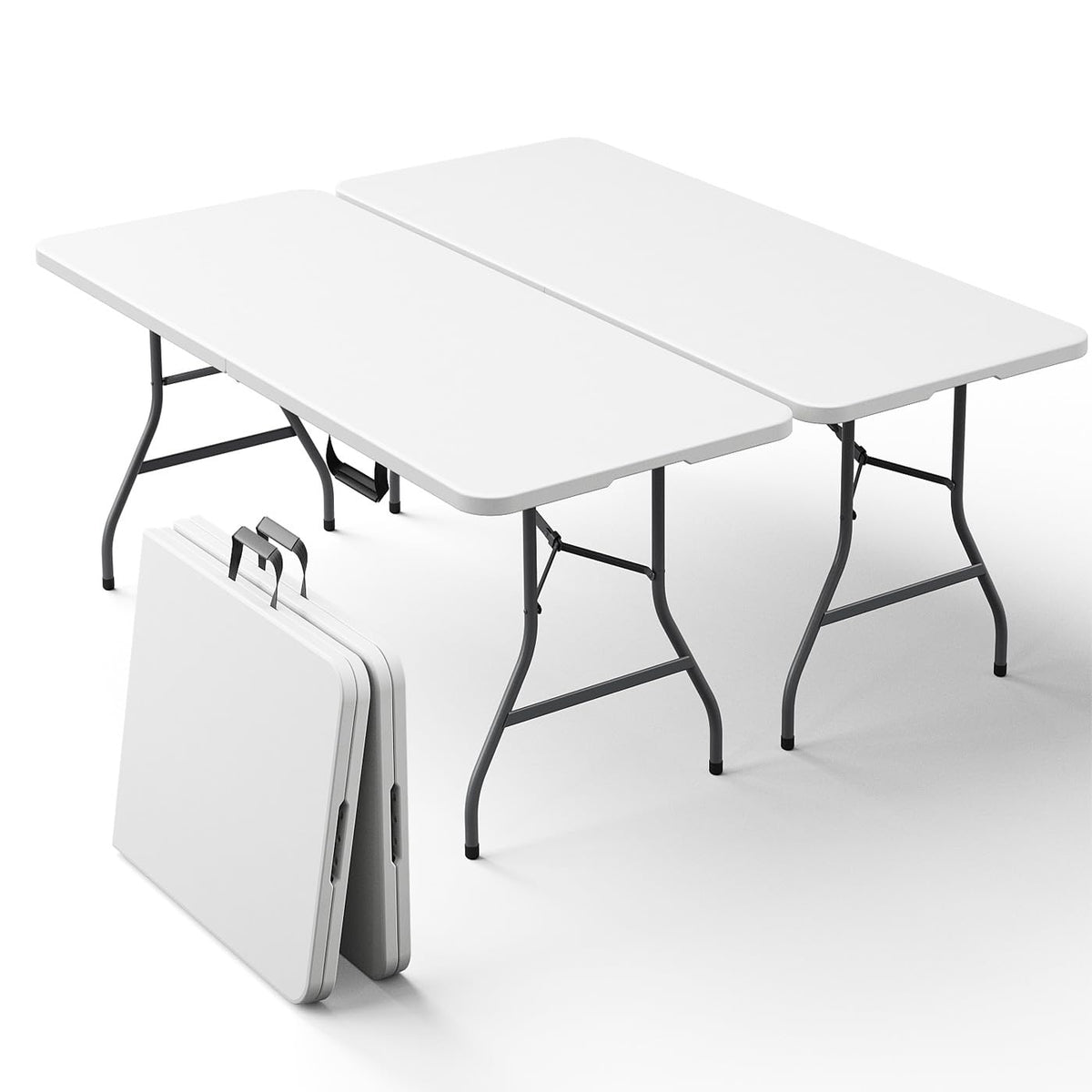 2 Pack 5ft Folding Table, Foldable Picnic Table with Carrying Handle, Heavy Duty Fold-in-Half Portable Table for