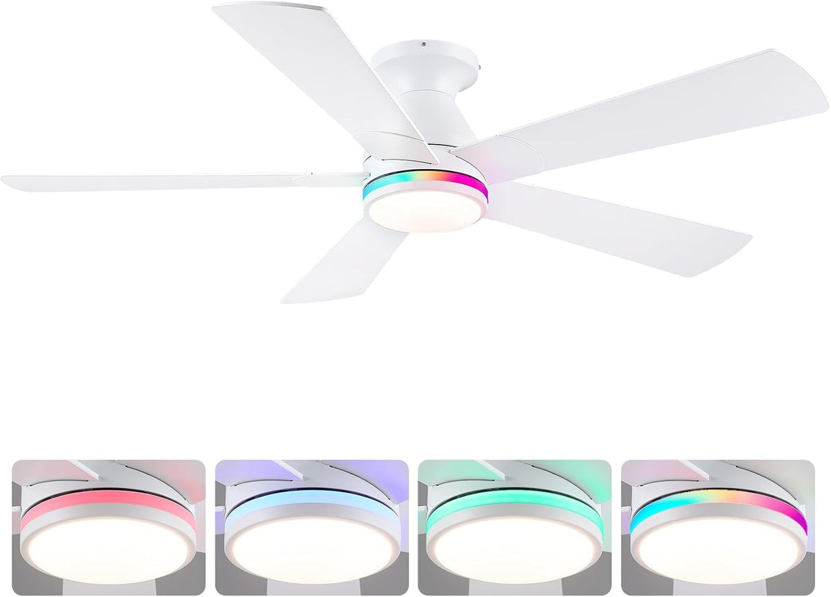 52" White Flush Mount Ceiling Fan with Light & Remote