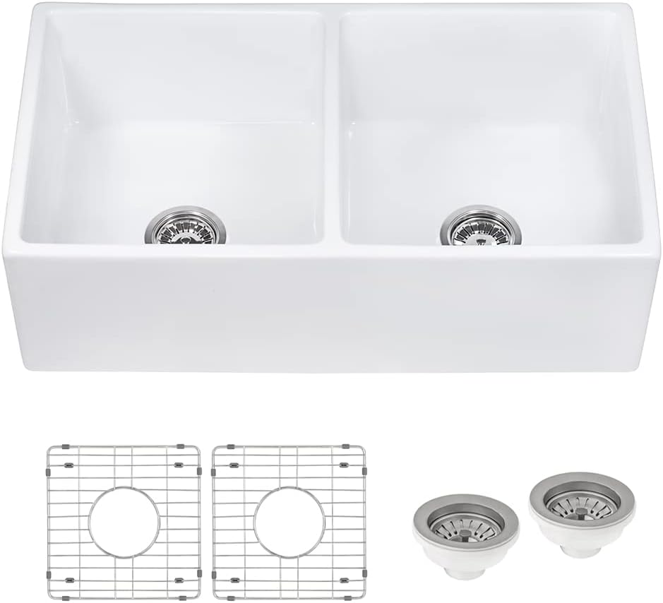 33-inch Fireclay Farmhouse Apron-Front Kitchen Sink Double Bowl - White - RVL2311WH