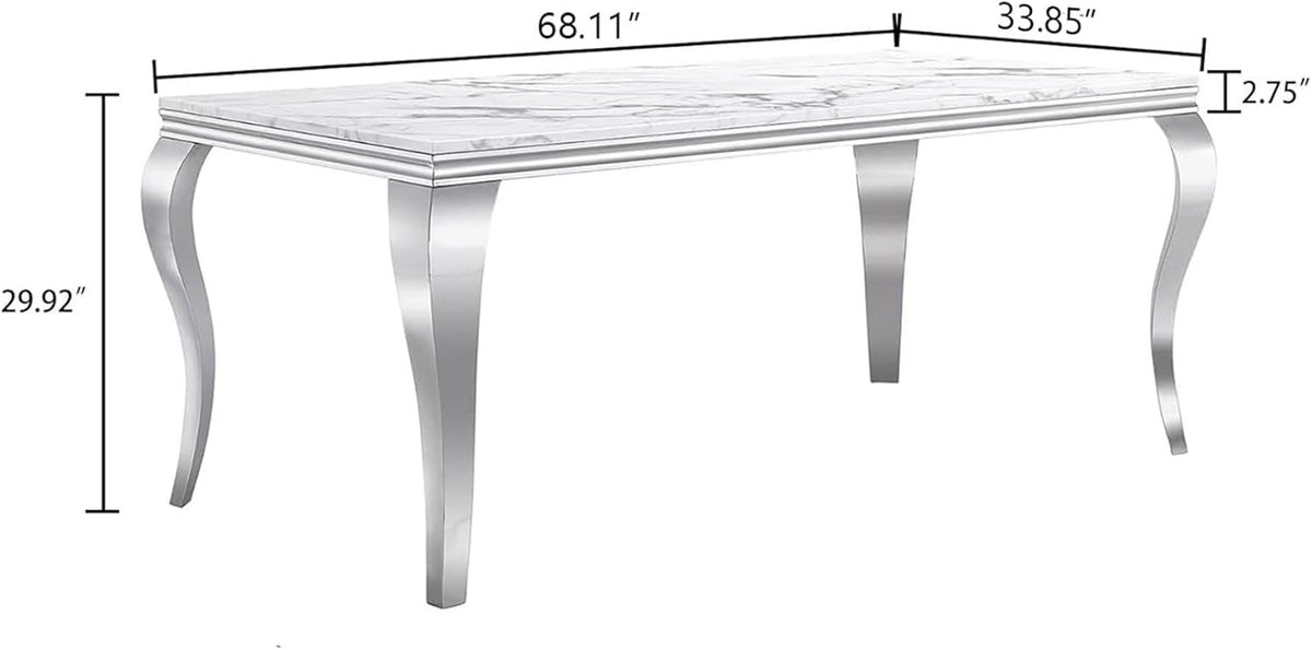 Luxury Marble Dining Table Rectangular 68" Faux Marble Kitchen Table with Silver Mirrored Stainless Steel Legs, White