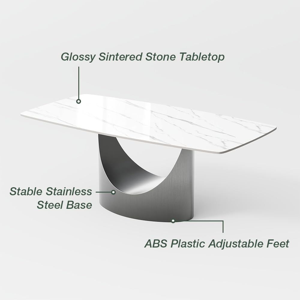 63" Modern Dining Table for 4, Glossy White Dining Room Table, Sintered Stone Tabletop with Gray Carbon Steel