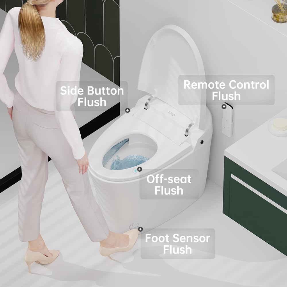 Smart One-Piece Bidet Toilet, Modern Elongated Design, Warm Water, Dual Auto Flush, Foot Sensor Operation, Heated Seat, Tankless System, LED Display