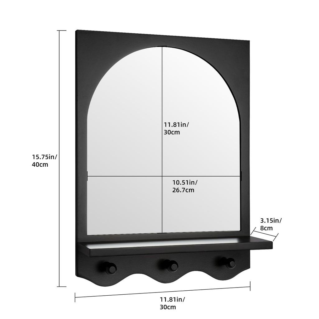 Black 16"x12" Wood Framed Arched Mirror with Shelf and 3 Hooks, Wall Mounted Decorative Real Glass Hanging Mirror