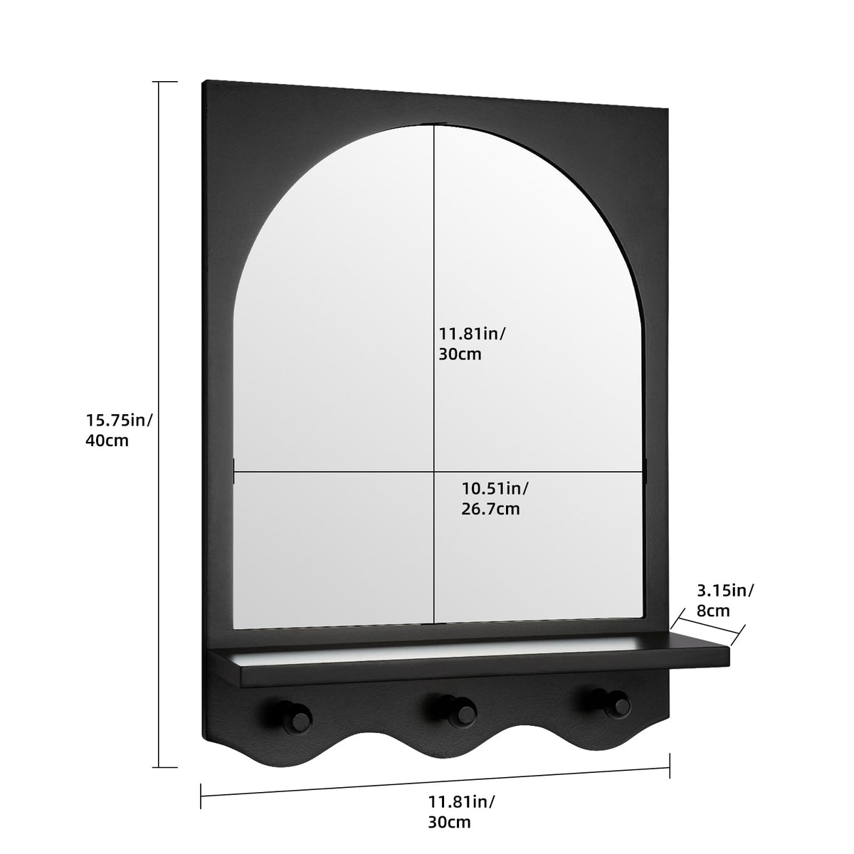 Black 16"x12" Wood Framed Arched Mirror with Shelf and 3 Hooks, Wall Mounted Decorative Real Glass Hanging Mirror