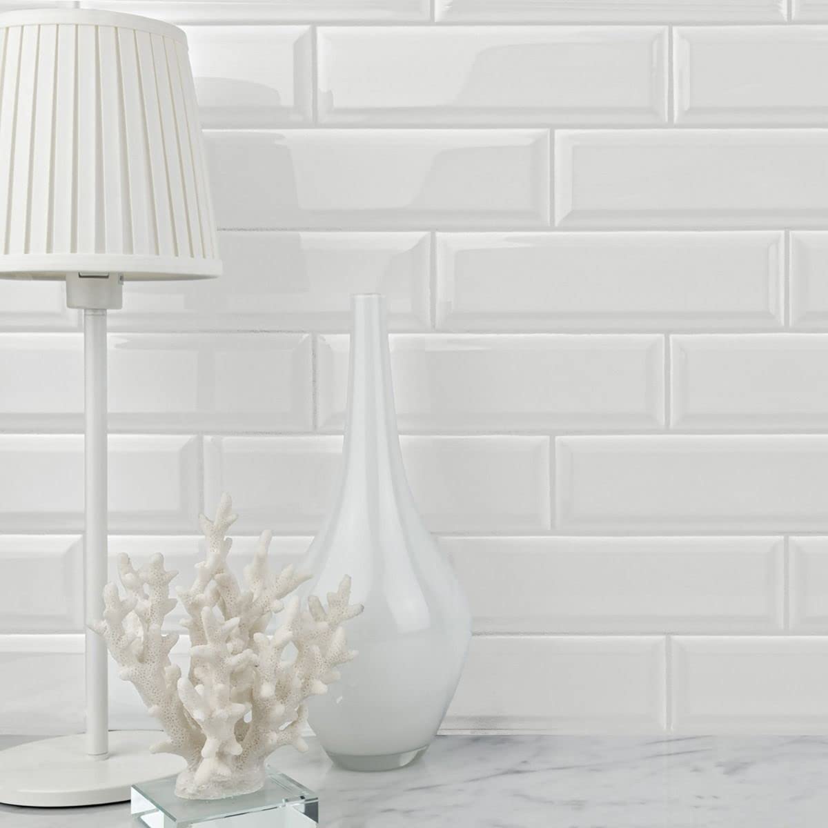 4-1/4x10 White Beveled Ceramic Subway Wall Tile Backsplashes|Bathroom Shower|Accent Wall - Glossy Finish (Box of