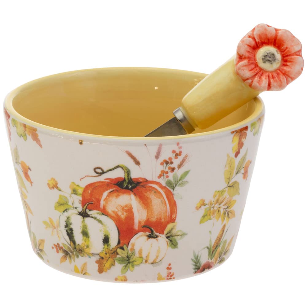 Ceramic Bowl and Spreader Set Fall Thanksgiving Serving Set, 14-Ounce, Pumpkin Love