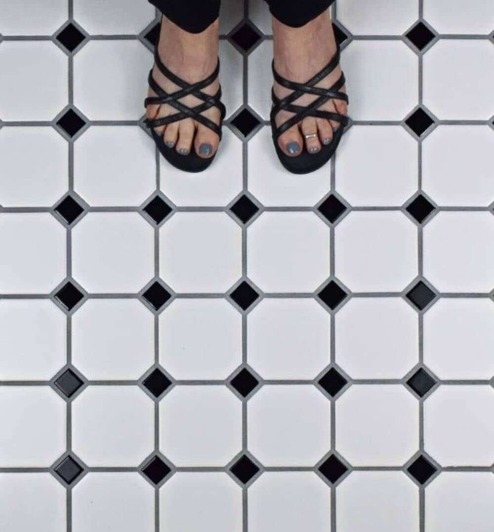 4" Octagon Tile Matte White Mosaic Porcelain Floor and Wall Tile Backsplashes, Accent Wall (Black Dots Glossy, 5