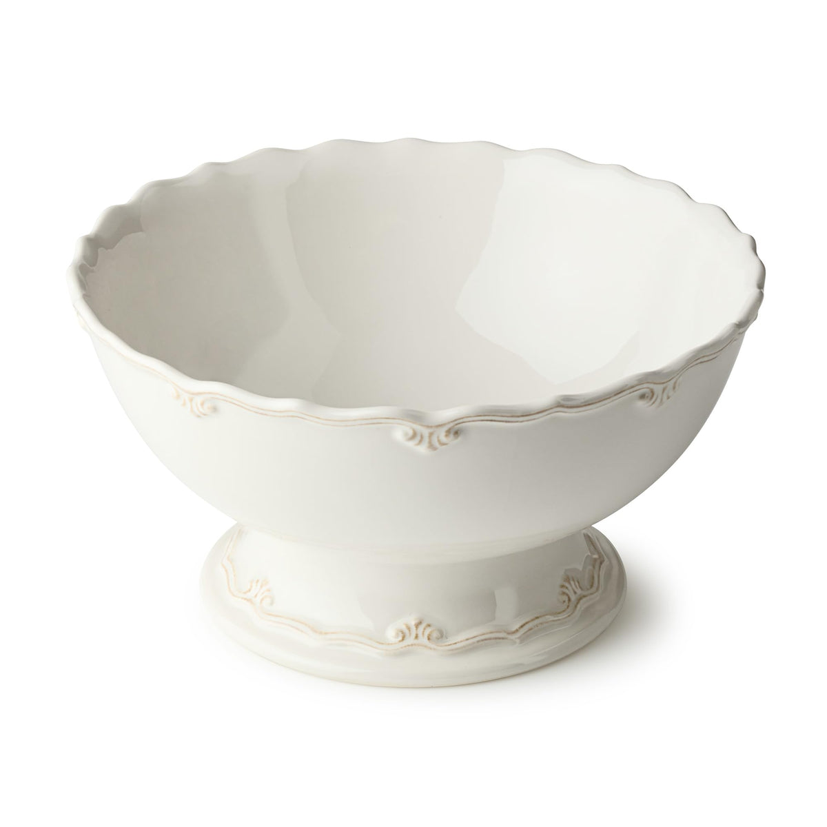 Heritage Scroll Footed Deep Bowl - 80 oz Stoneware Serving Bowl with Pedestal Base & Sculpted Ivory Scroll Rim