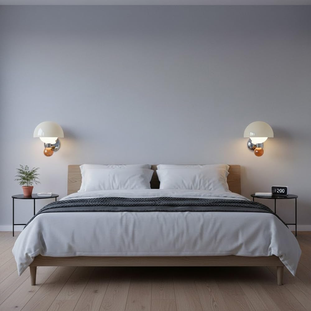 Modern Mushroom Wall Sconce, Minimalist Cream White Glass Globe Lamp, Chrome LED Bedside Lighting, Aesthetic Wall