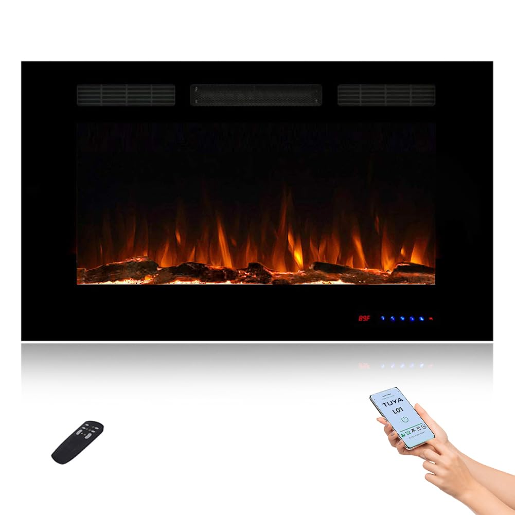 36" WiFi Smart Recessed Electric Fireplace Insert, 5 Flame Settings, Log Set or Crystal Options, Temperature Control