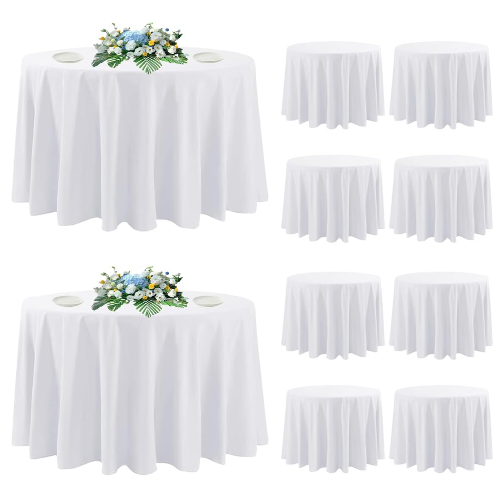 10 Pack Round Tablecloth White 120 Inch, Stain Resistant and Wrinkle Polyester Fabric, Washable Table Cover Dining