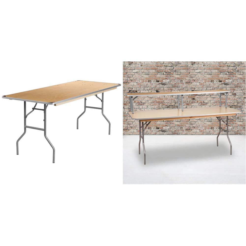 6 ft Rectangular Birchwood Folding Banquet Table with Metal Edges + 72" Bar Top Riser