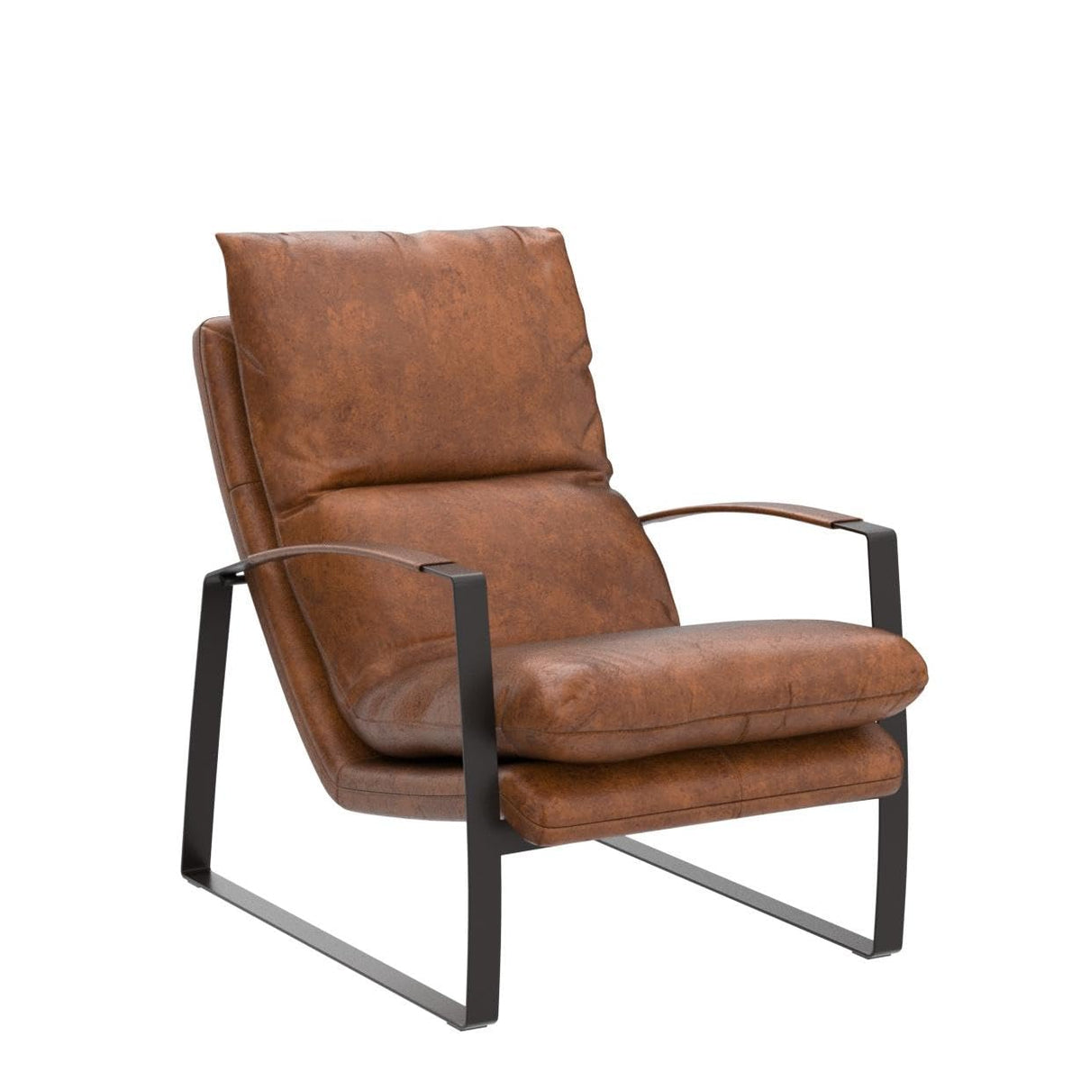 Genuine Leather Accent Chair, Mid Century Modern Living Room Chair Lounge Sofa Chair with Black Metal Frame, Cognac