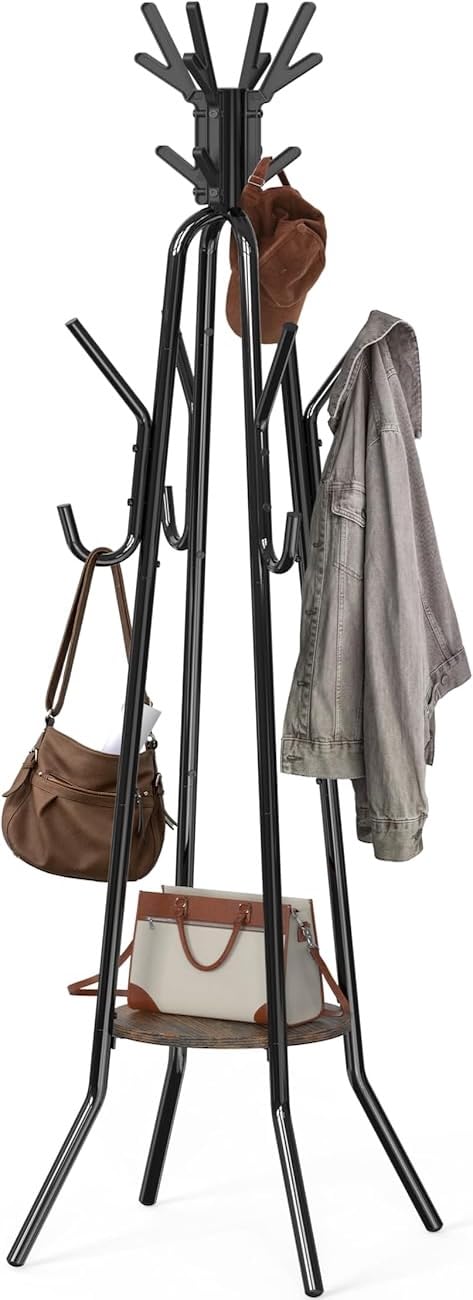 Standing Coat/Hat Rack with Shelf, 20 Hooks, Rustic Brown