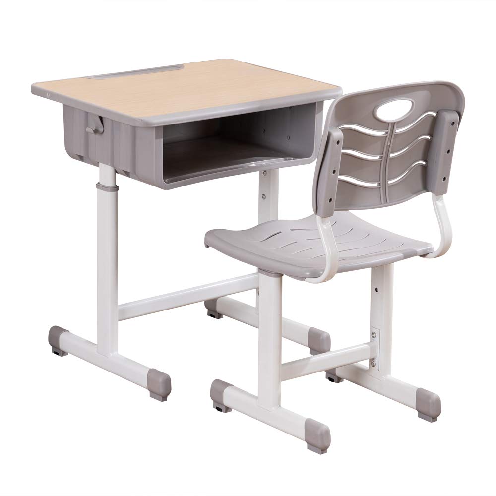 Student Desk and Chair Combo, Height Adjustable Children's Desk and Chair Workstation with Drawer, Pencil Grooves and