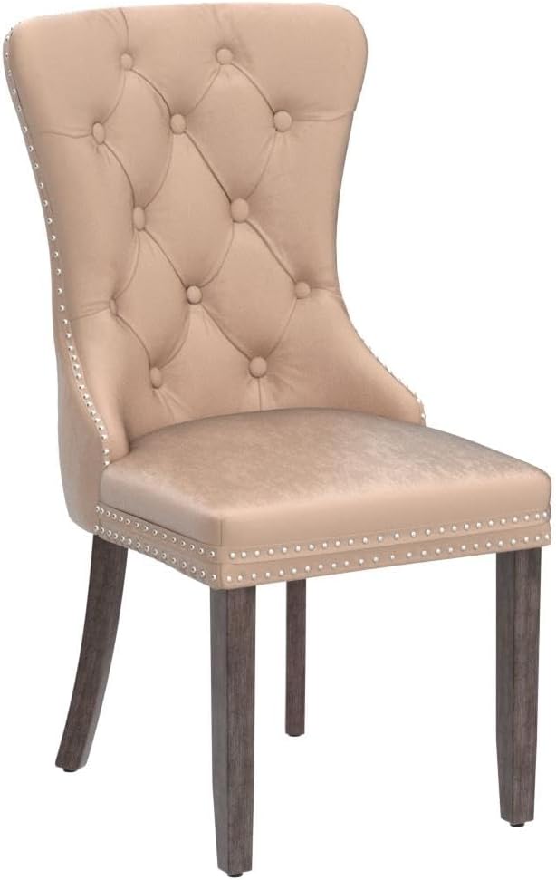 Velvet Dining Chairs Set of 4, Tufted Upholstered Chairs with Nailhead Back and Ring Pull, Solid Wood Legs, Khaki