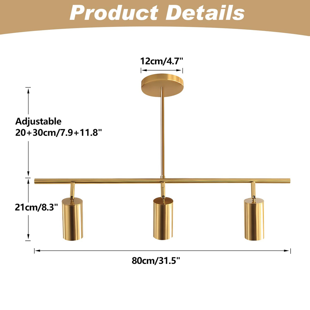 Lighting Linear Pendant Light Ceiling Track Spotlight Gold 3-Light with Rods Adjustable Hanging Lighting Fixture