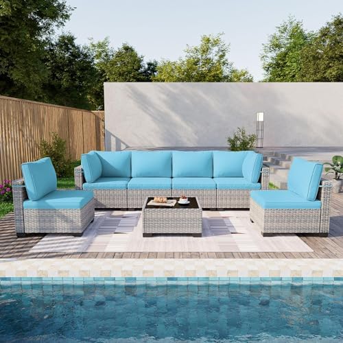 7-Piece Wicker Outdoor Patio Furniture Set | Blue All-Weather Resistant with Thick Cushions for Backyard, Garden & Porch