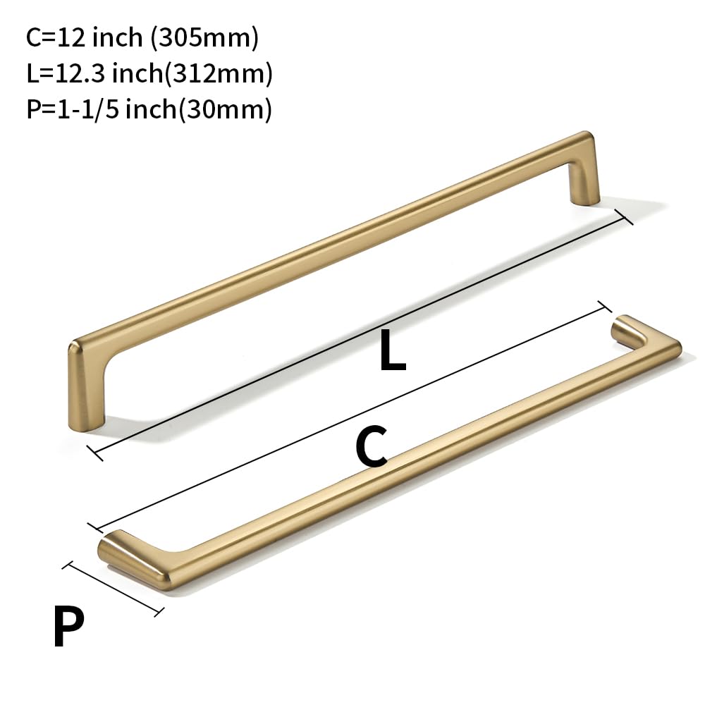 2 Pack Brushed Brass Cabinet Pulls 12 Inch(305mm) Hole Centers Satin Gold Cabinet Pulls Kitchen Cabinet Hardware for