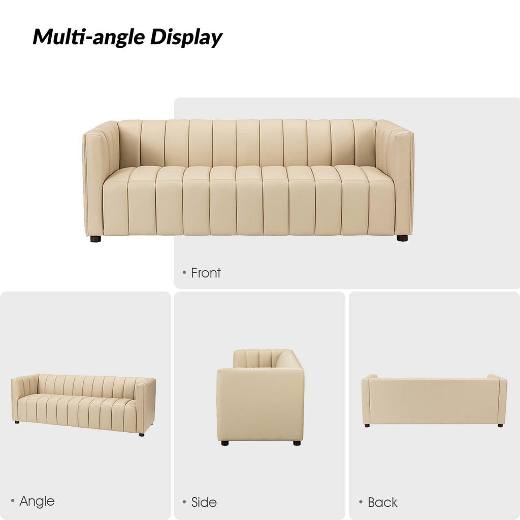 83" Genuine Leather Sofa with Channel Tufted Design, Beige