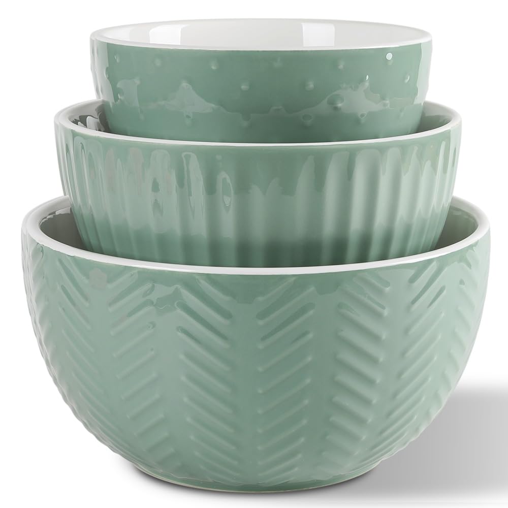 Ceramic Nesting Mixing Bowls, Set of 3 Avocado Green