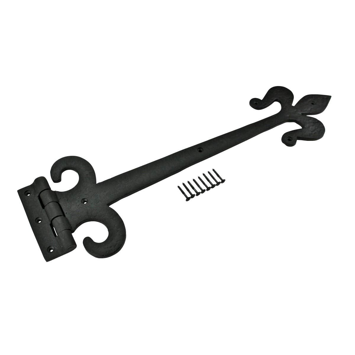 Strap Hinge 18 in. Black Wrought Iron Fleur De Lis Style Flush Mount Heavy Duty Strap Gate and Door Hinges with