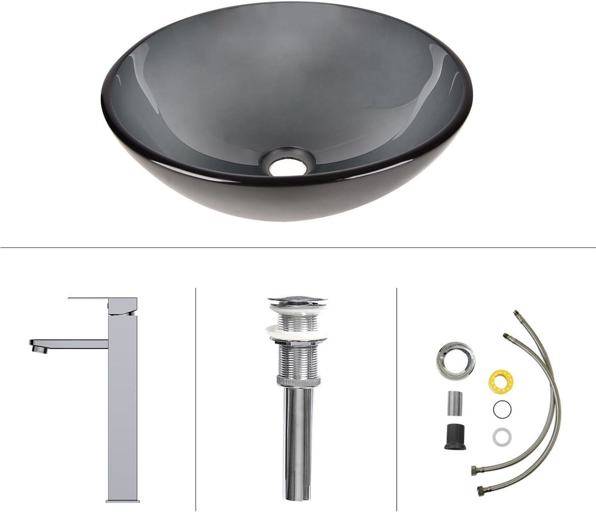 Bathroom Vessel Sink, Tempered Glass Vanity Round Bowl with Chrome Faucet and Pop up drain Set, Bluish Grey