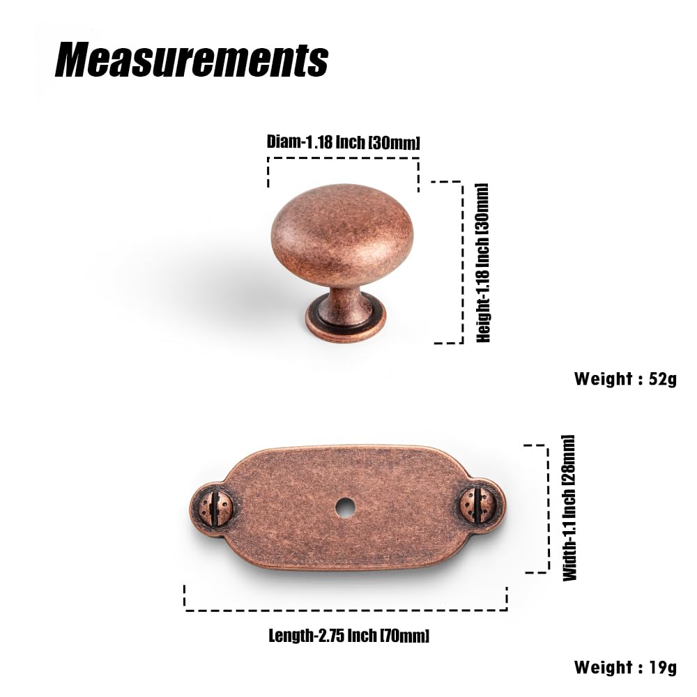 Antique Copper Zinc Alloy Cabinet Knob with Backplate - Single Hole Center Cabinet Pull Hardware , 6 Pack(8611-G013)