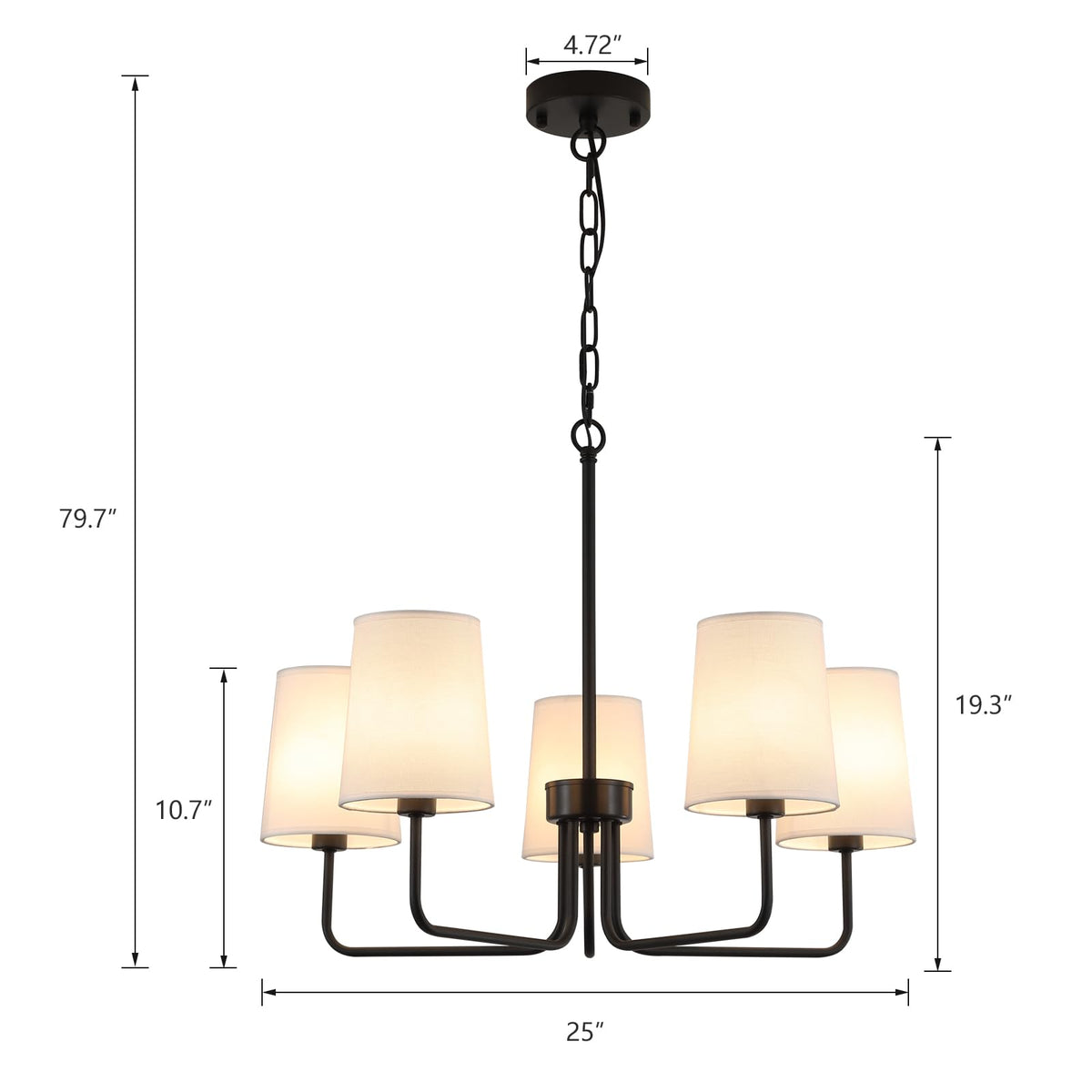 Farmhouse Chandelier, Matte Black with White Fabric Shade, Farmhouse Linear Island Lighting Fixture (5-Light Matte